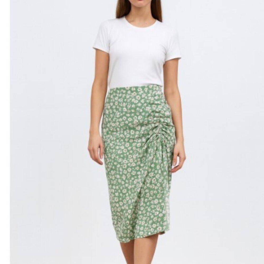 3/$20 Bundle 🌈Green White Floral Ruched Wrap Midi Skirt Ditsy Daisy Print Large